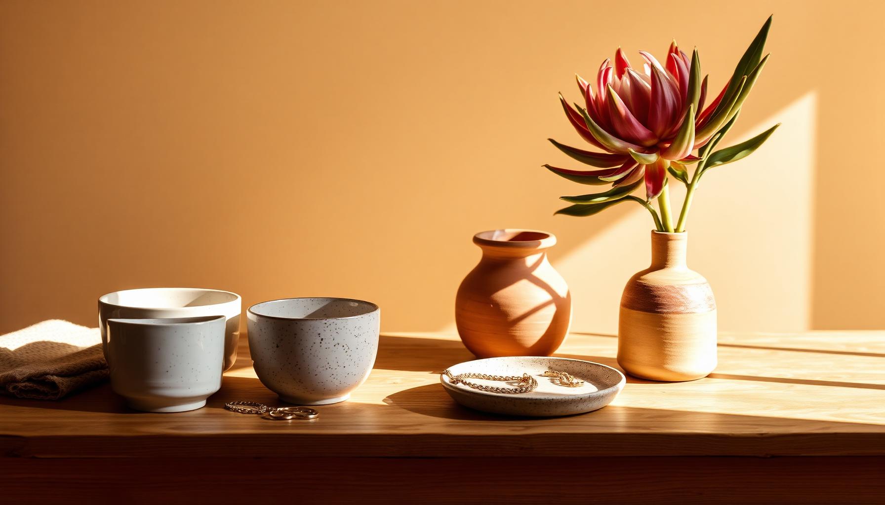 A sunlit table of unique South African finds — ceramics, jewellery and a king protea